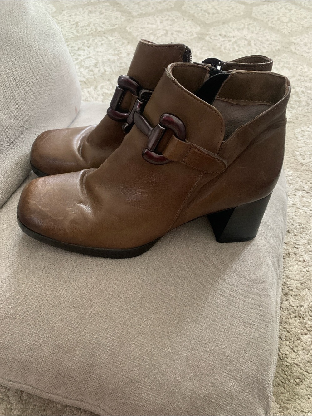 Miz Mooz Brown Leather Block Heel Ankle Booties with Buckle Accent